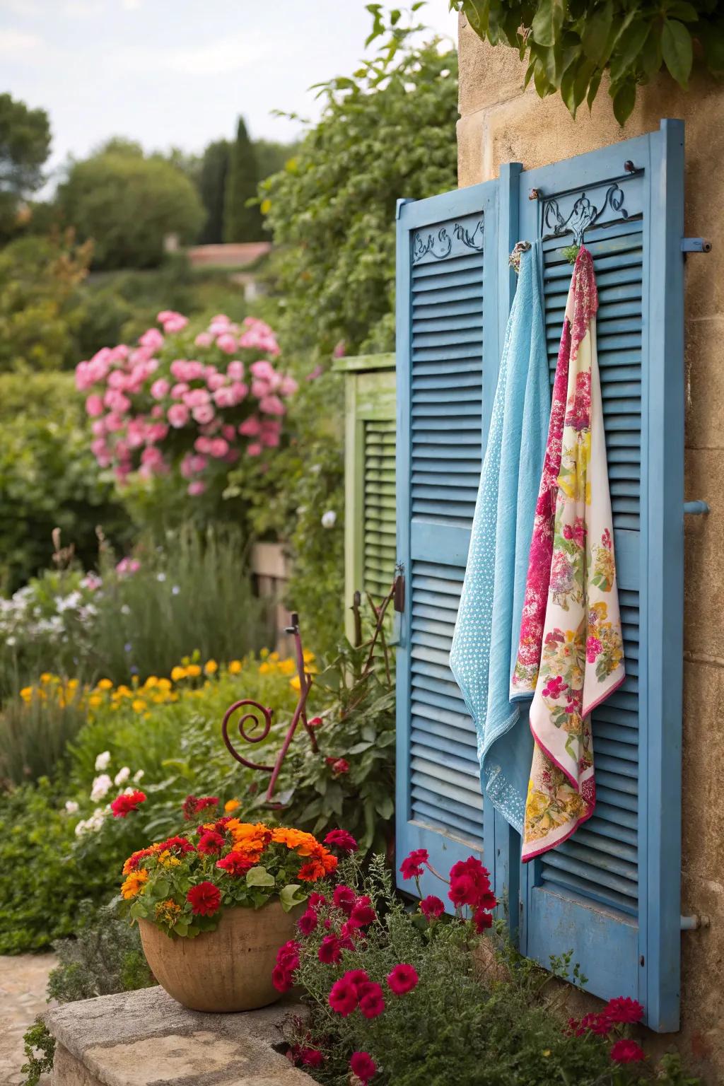 An upcycled shutter provides a rustic touch to towel storage.