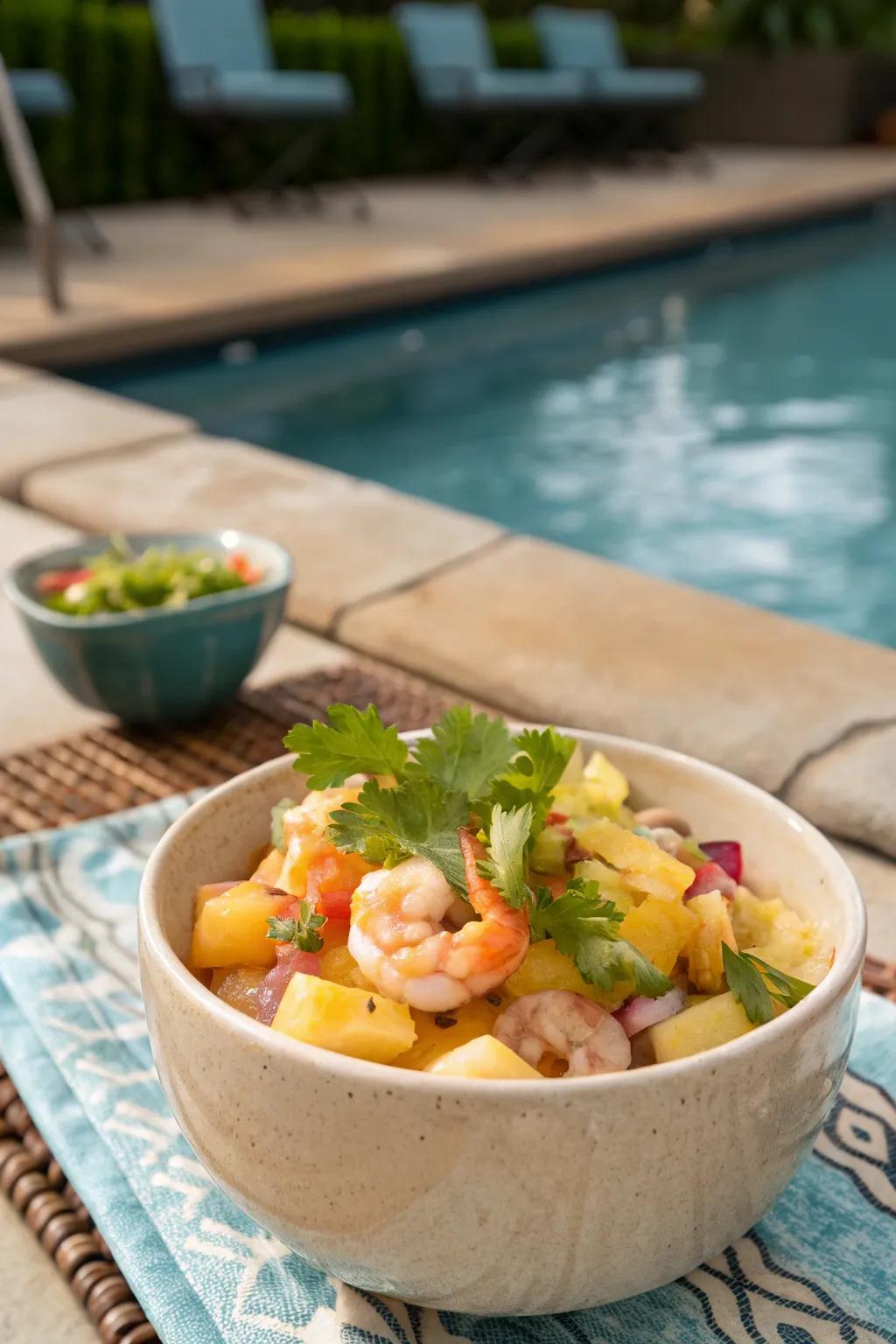 Indulge in a tropical twist with pineapple and shrimp mix.