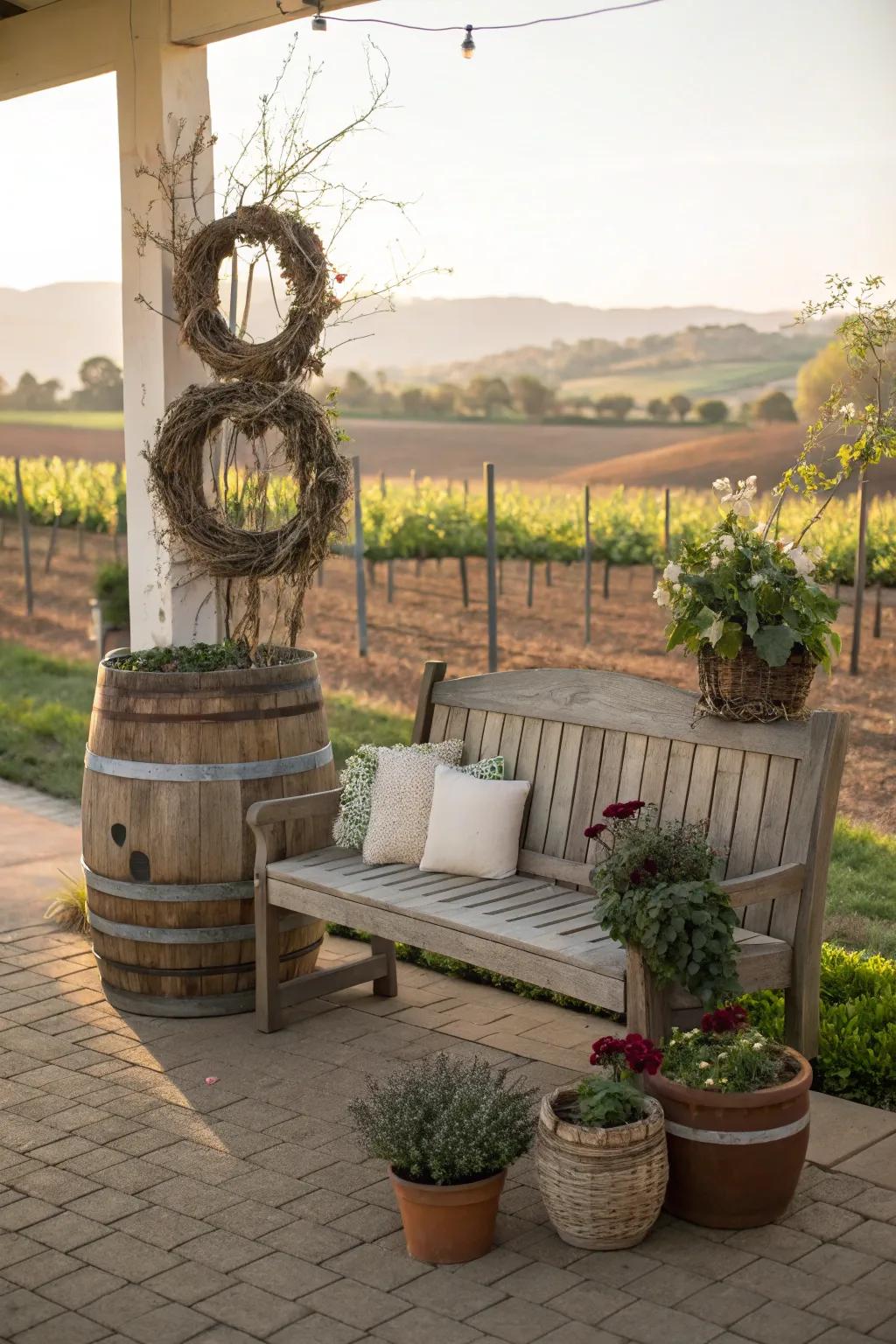 A wine barrel bench infuses whimsy and appeal to the porch.