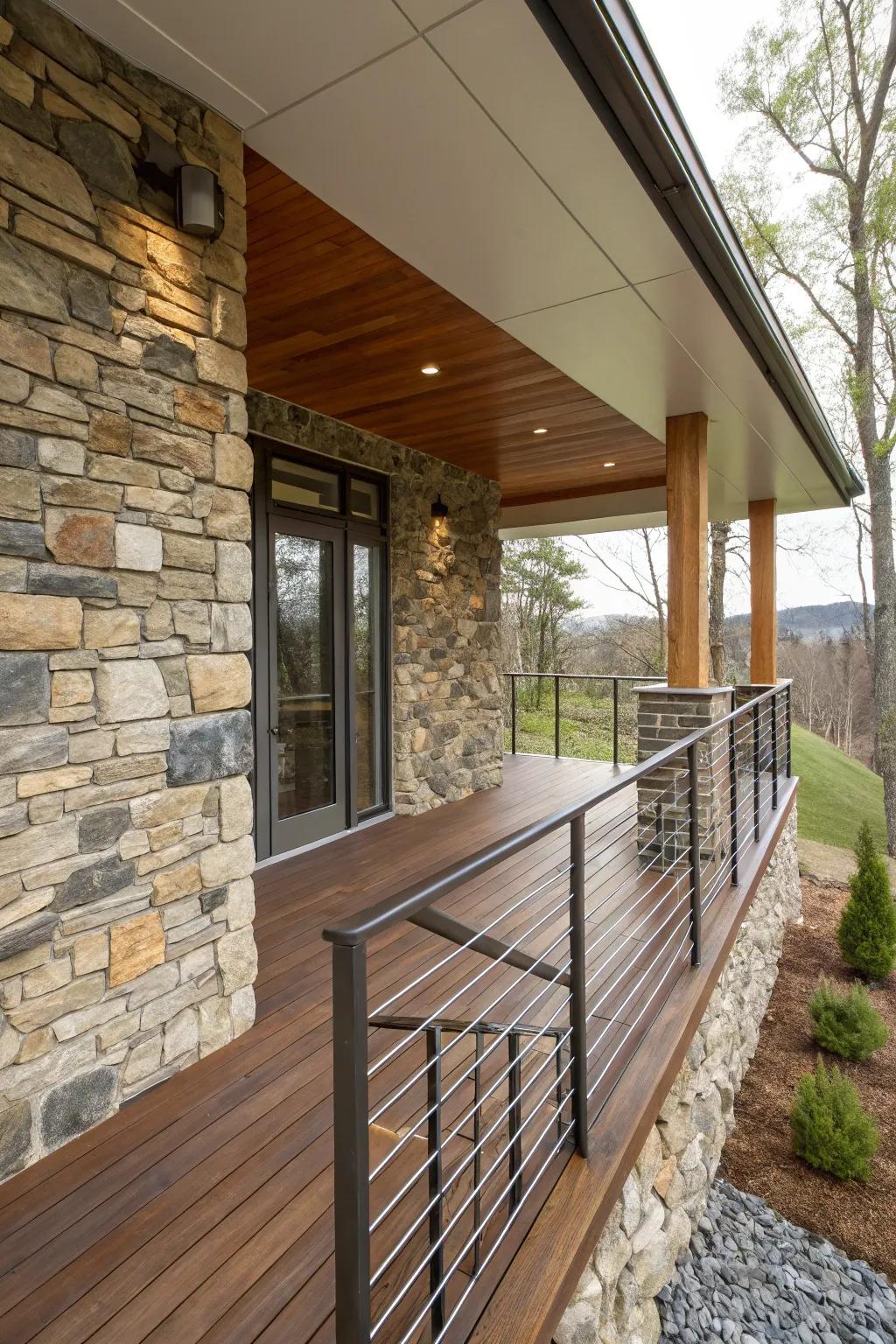 A porch addition featuring a variety of materials and textures.