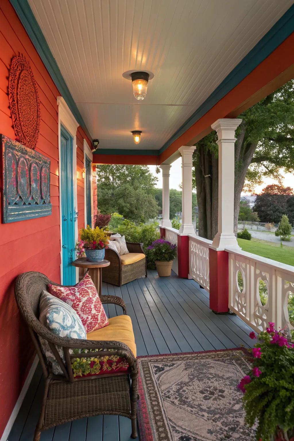A knee wall with a bold color adding vibrancy to the porch.