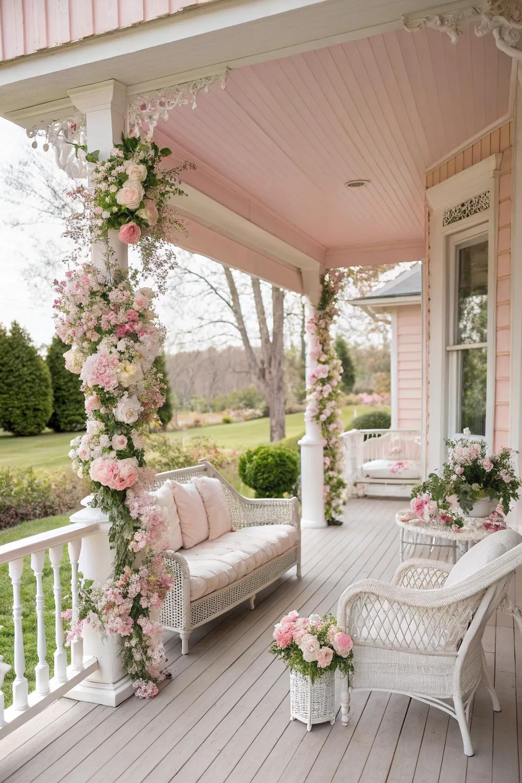 A pastel rouge porch that radiates charm and romance.