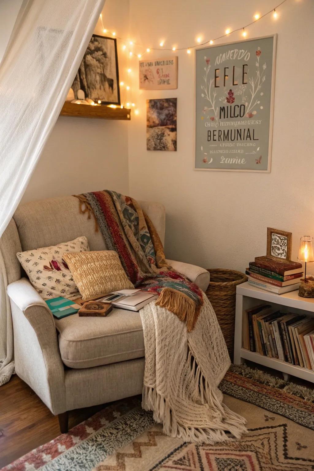 A bohemian name poster enhancing the cozy, carefree ambiance of a reading nook.