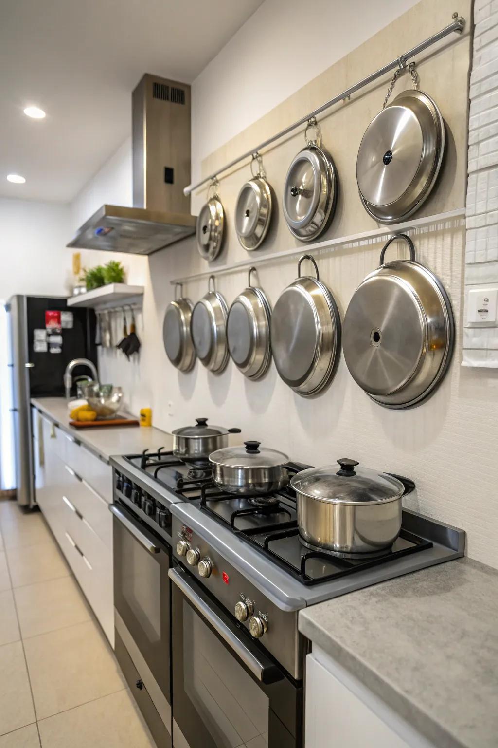 Magnetic strips provide a creative way to store pot lids.
