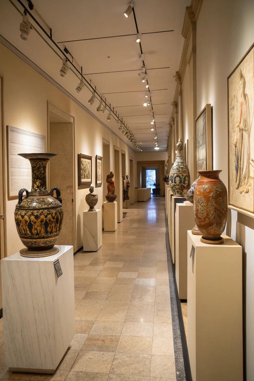 Pottery displayed on pedestals in a hallway for a gallery effect.