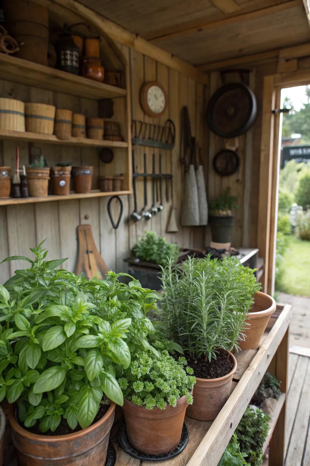 A potting shed with a fragrant plant nook.