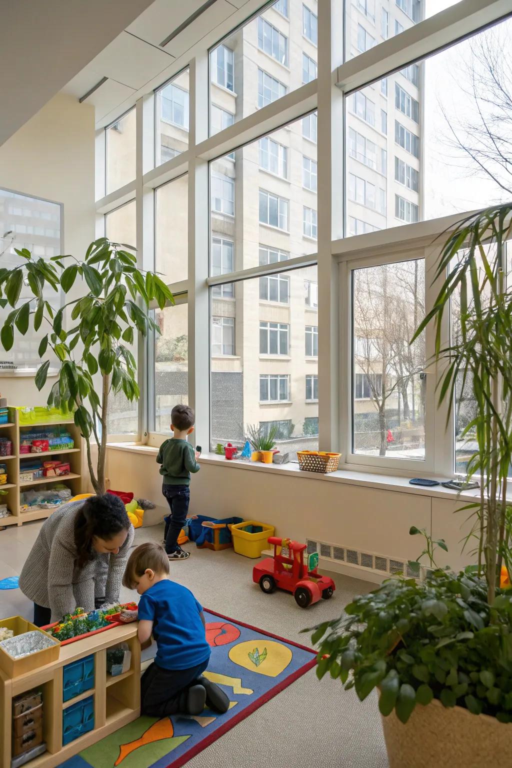Natural light and plants enhancing the classroom's ambiance.