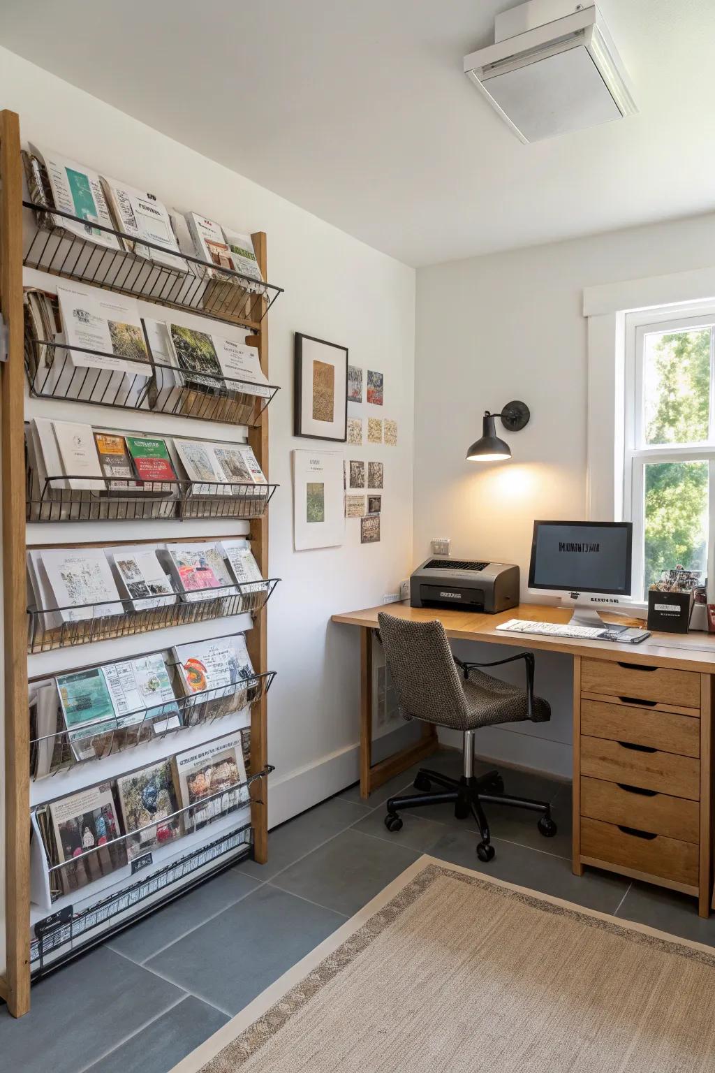 Wall-mounted racks for a modern and space-saving paper storage solution.