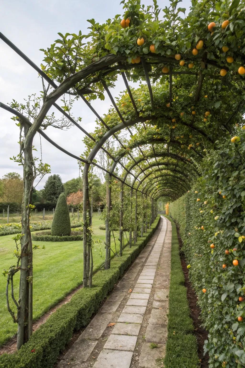 Mix productivity and privacy with an espalier fruit tree trellis.