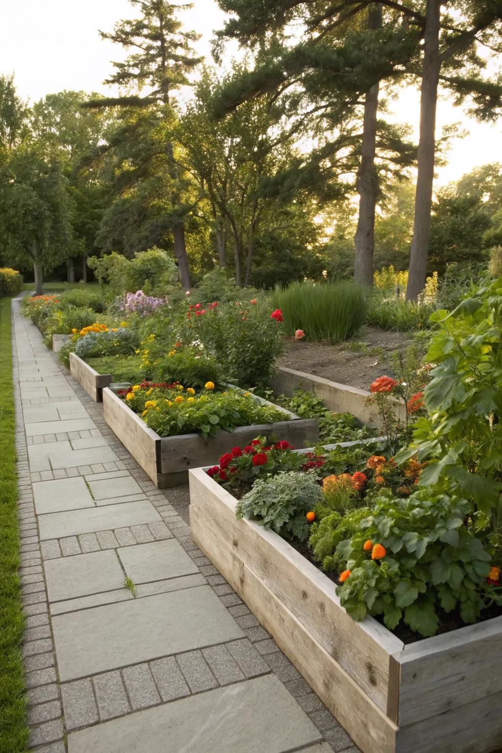 Pots and elevated beds outlining property edges.