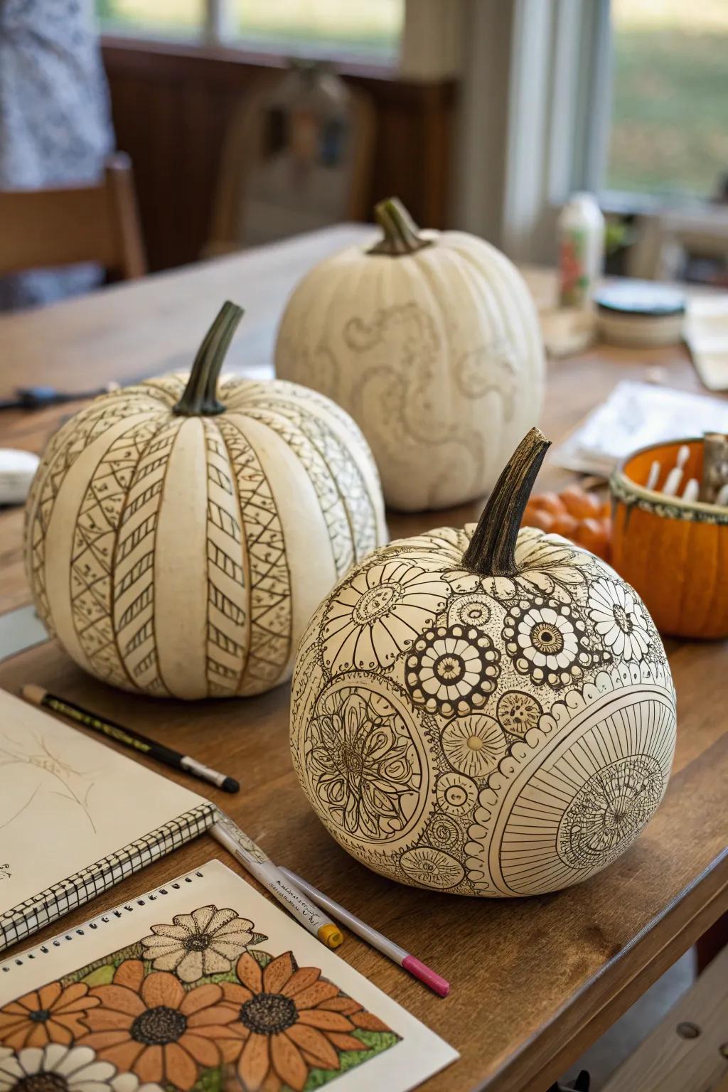 Pumpkins showcasing intricate patterns.
