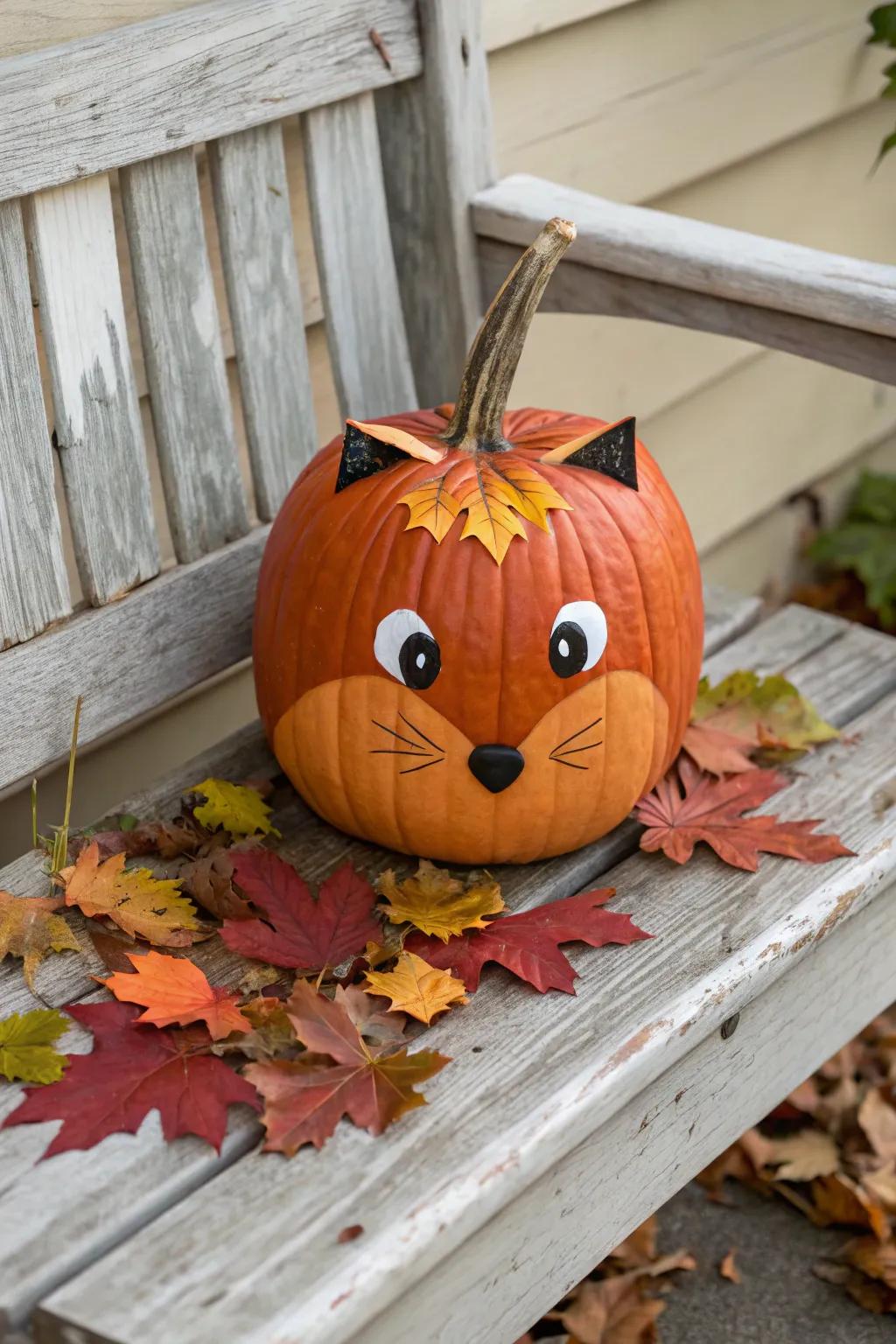 A delightful forest creature pumpkin enhancing nature-themed decorations.