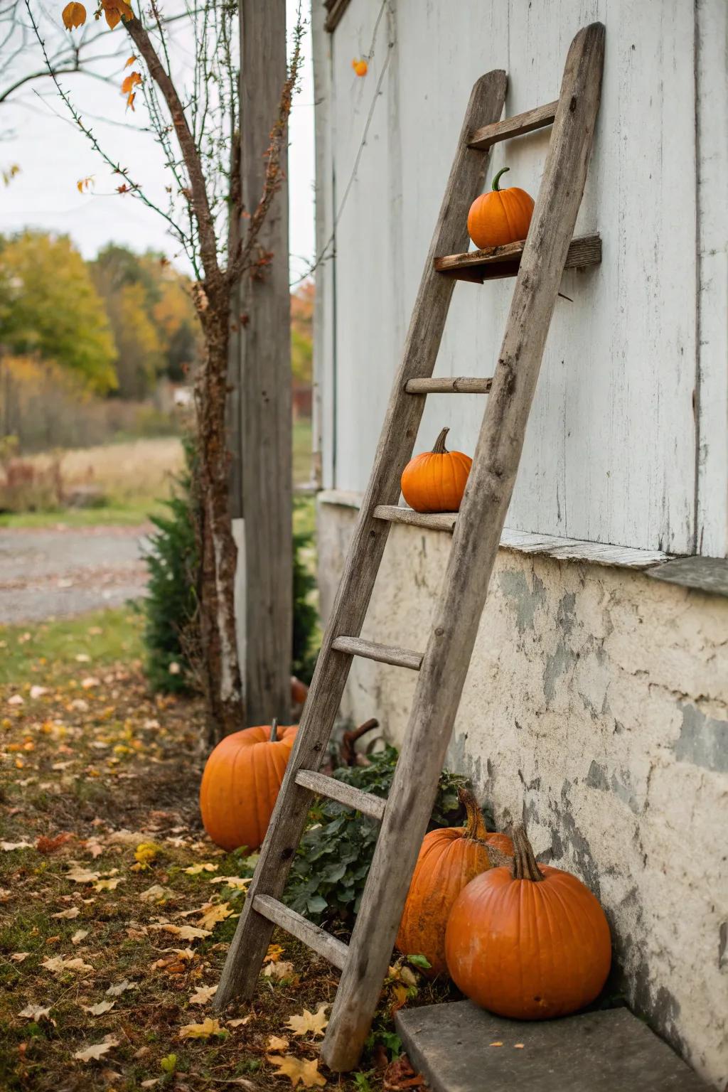 A rustic ladder display featuring pumpkins on each rung.