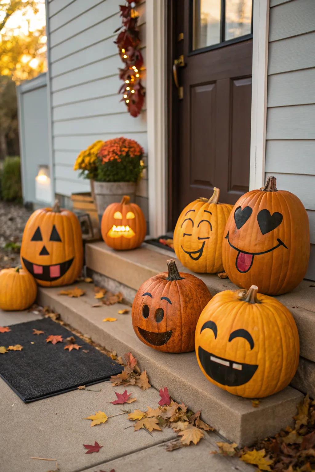 Playful emoji pumpkins propagating universal smiles.