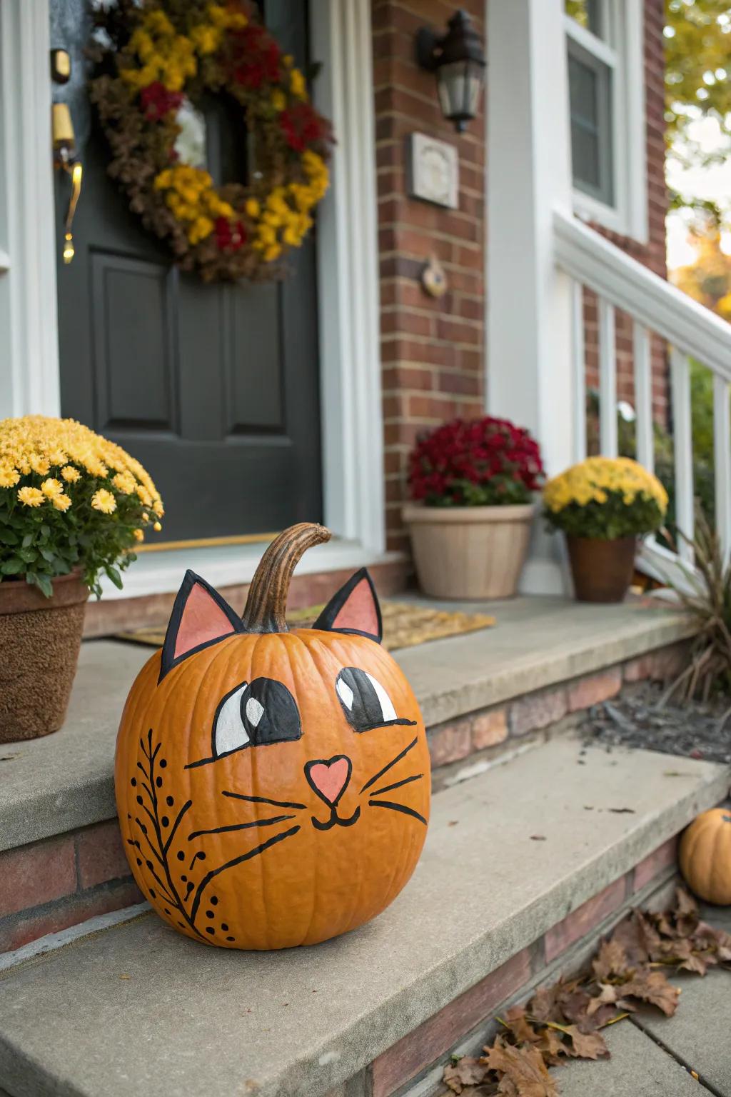 An adorable cat-themed gourd with whiskers.