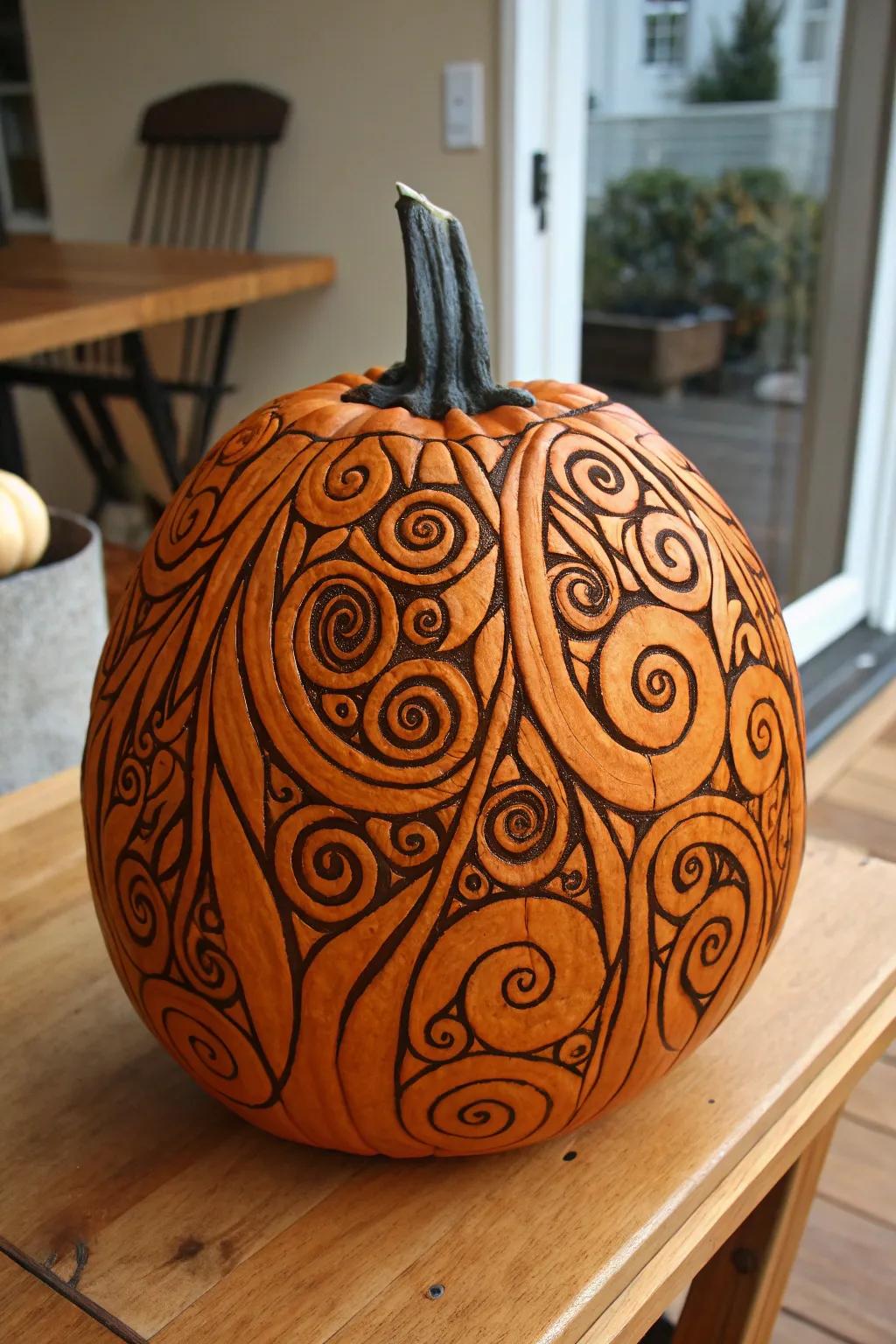 A mesmerizing pumpkin that enthralls with its intricate design.