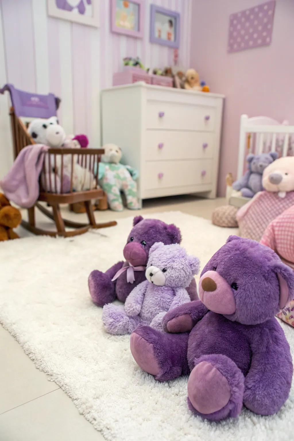 Purple plush toys add a hint of cuddliness.