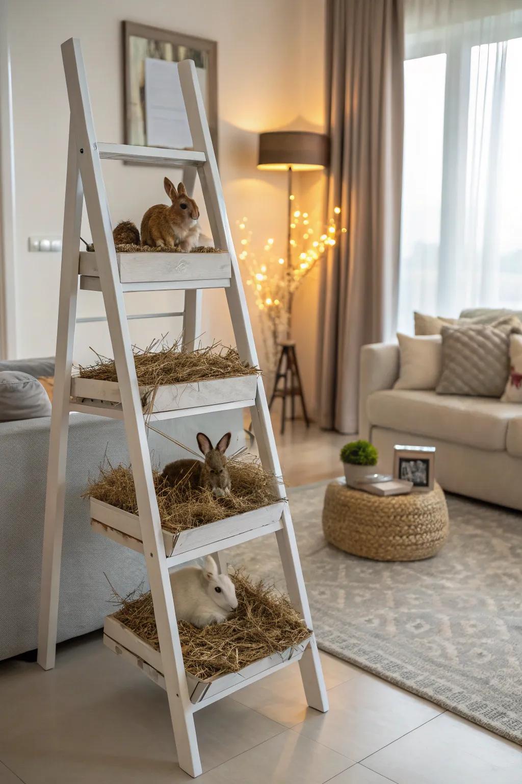 A ladder shelf used smartly for rabbit hay storage.