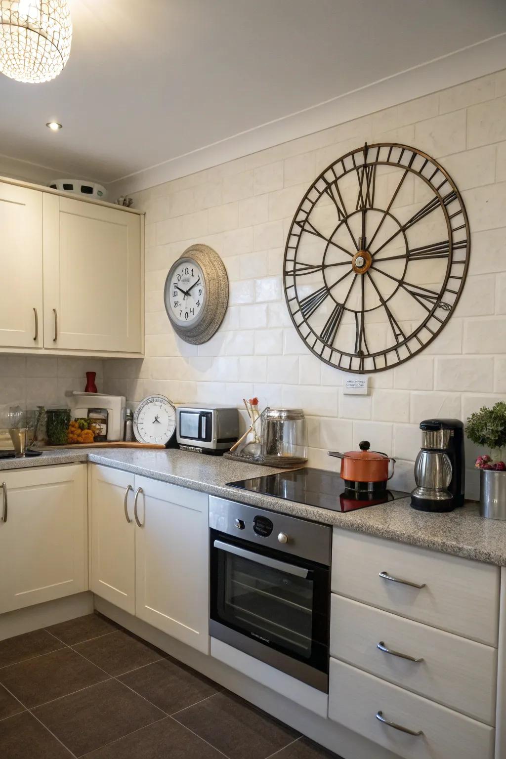 A kitchen wall adorned with a clock of radial design.