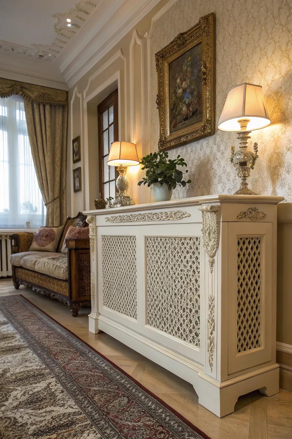 A classic-style radiator shield with elegant details adds sophistication to any room.