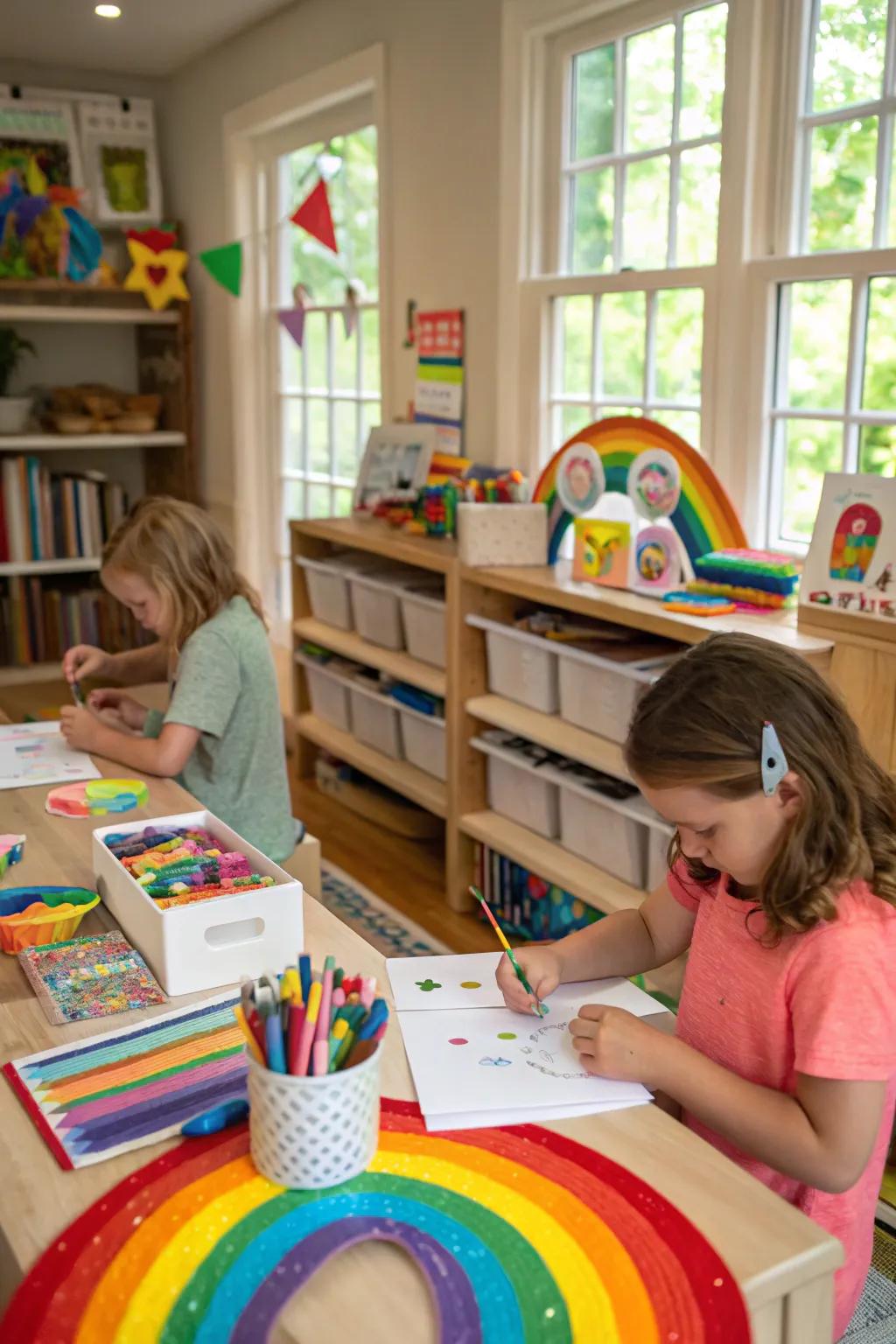 Children relishing a creative spectrum craft area at the festivity.