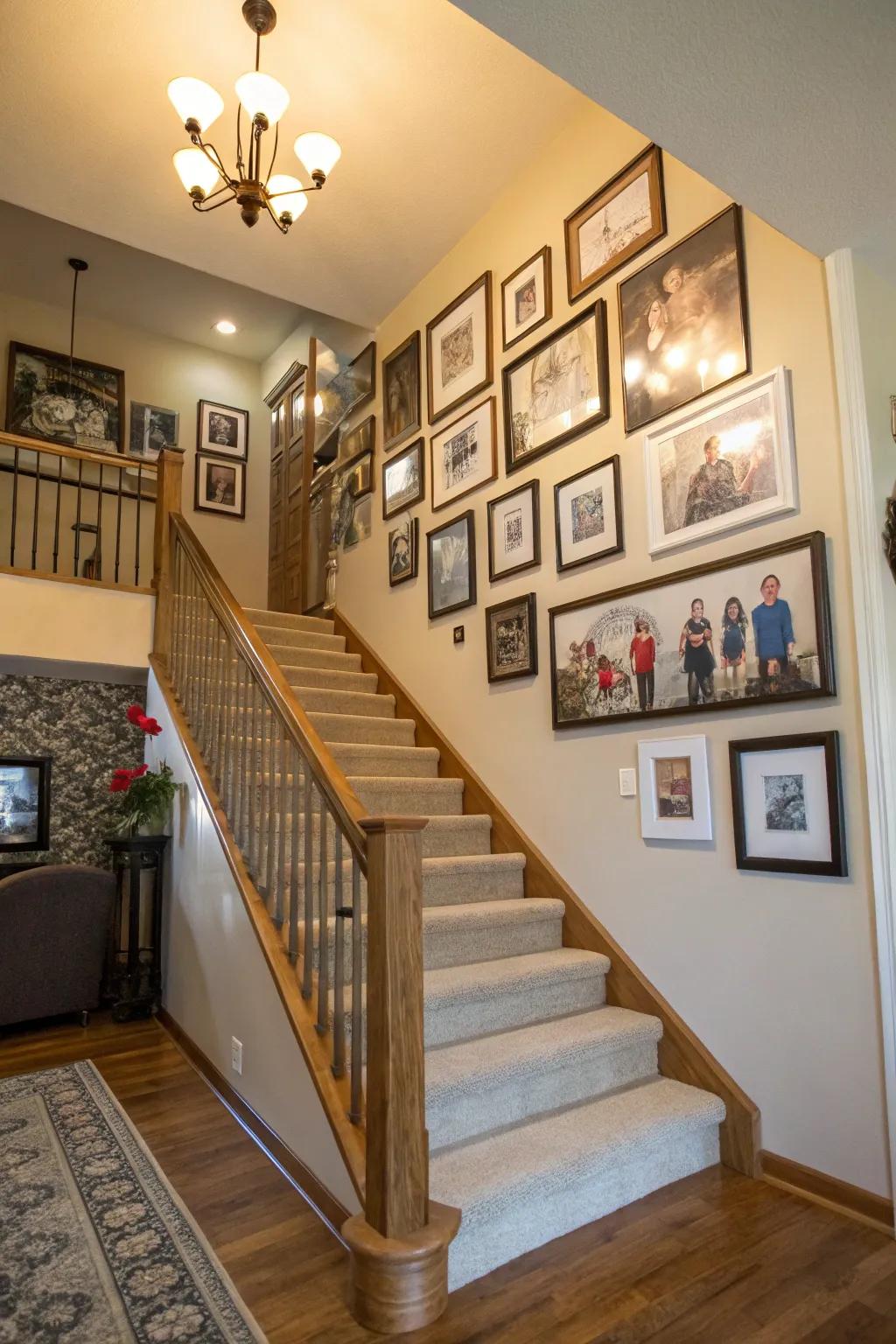 A gallery wall adds a personal and artistic element to the staircase entryway.