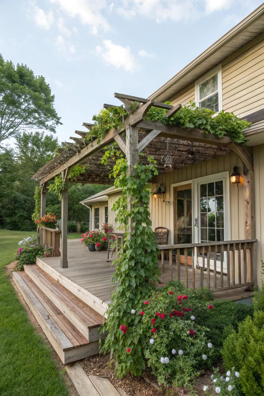 A rustic arbor creates a natural canopy for outdoor spaces.
