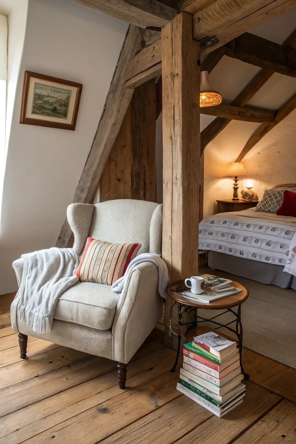 A cozy reading corner in a rustic bedroom, complete with a comfortable chair.