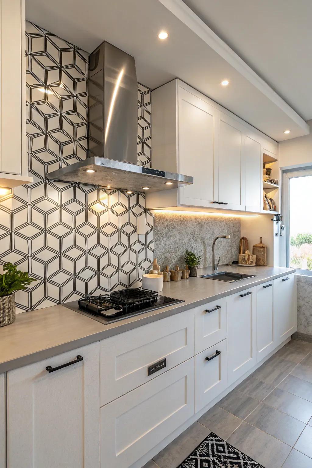 Modern kitchen featuring a geometric tile backsplash and a sleek range hood for visual impact.