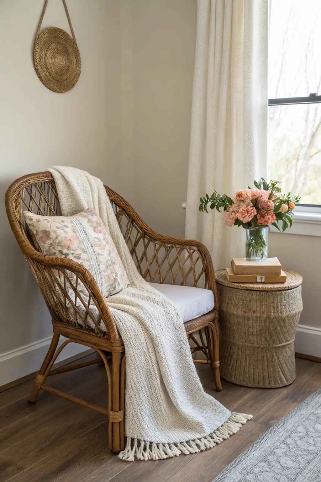 A rattan chair develops a comfortable nook in your bedroom.