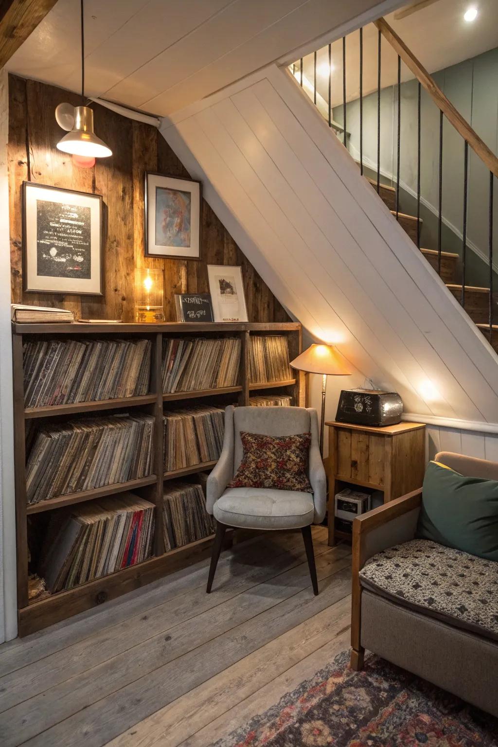 Areas beneath the stairway can become charming album retreats.