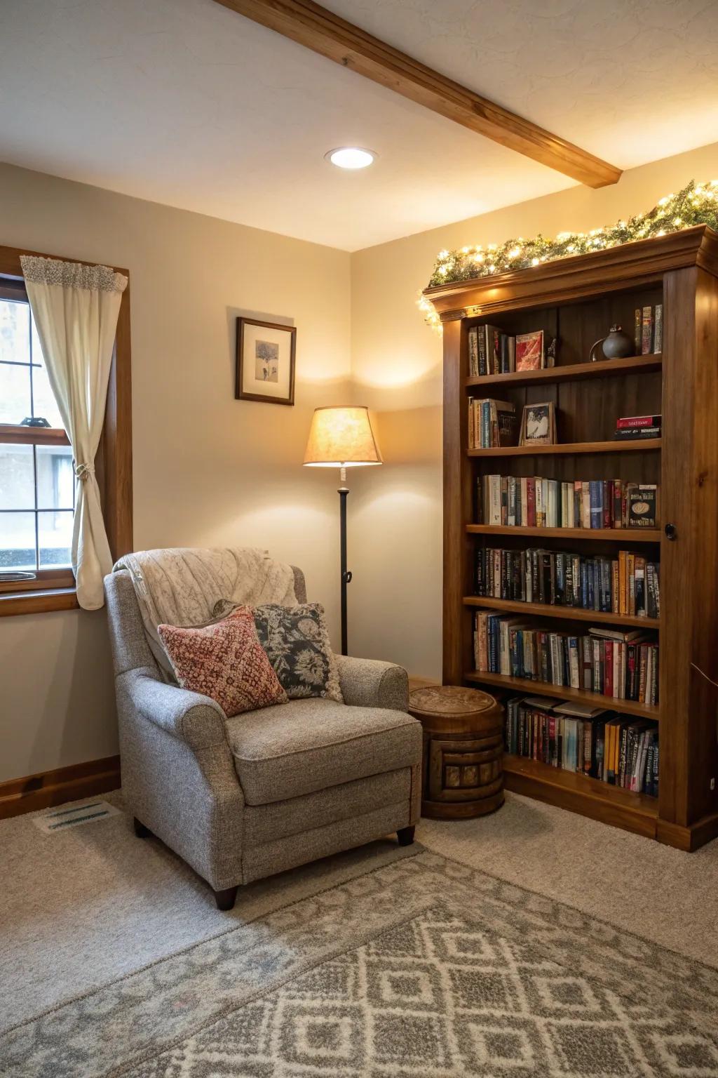 A reading spot provides a comfortable retreat within the room.