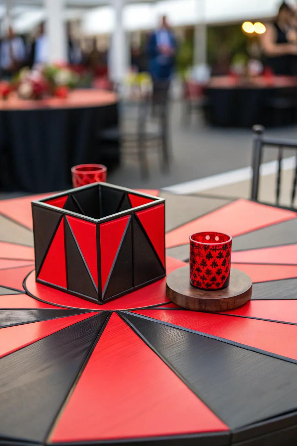 Geometric configurations using scarlet and charcoal add a trendy touch within the display.
