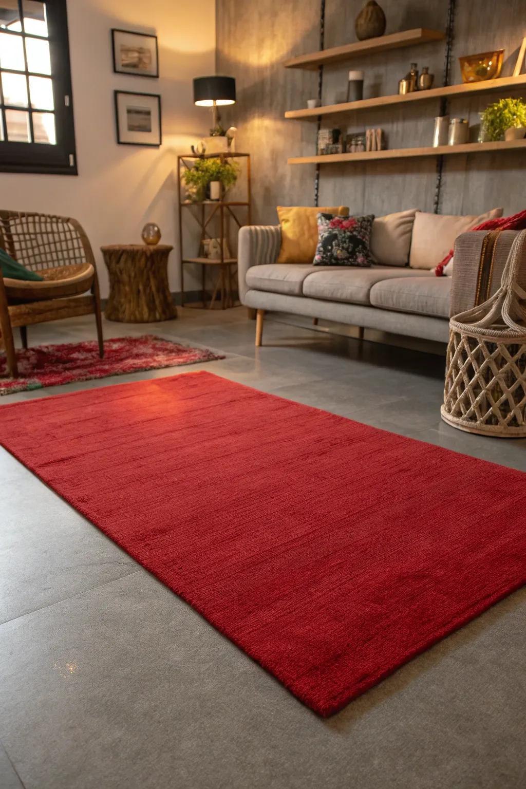 A scarlet floor covering introducing warmth to an ash floor.