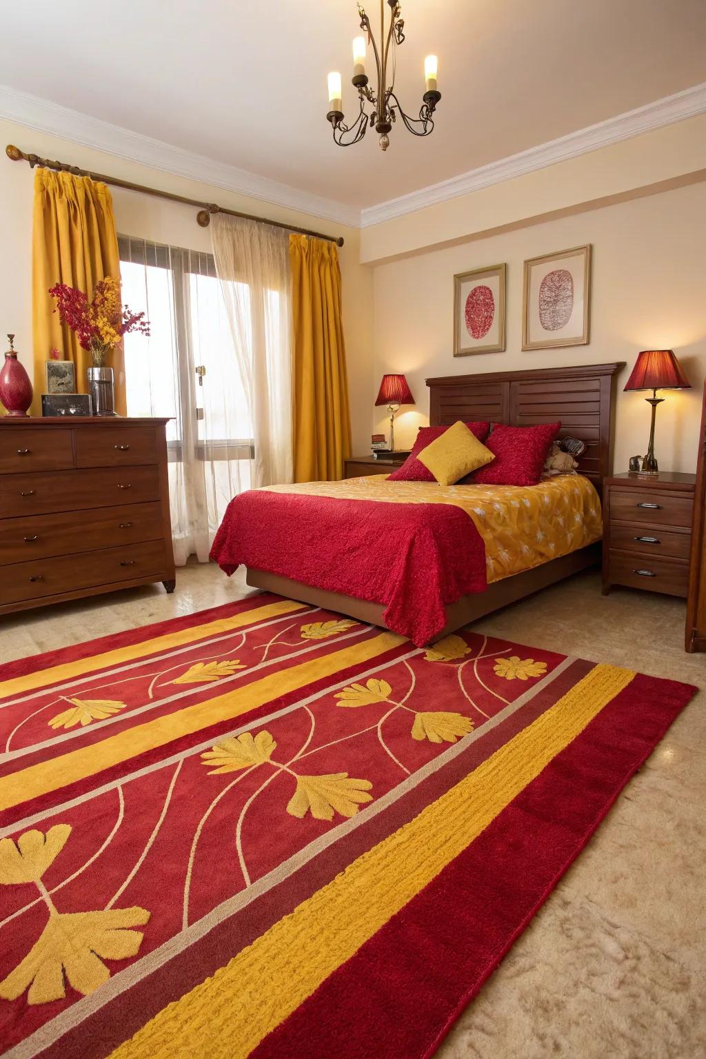 A red and yellow rug ties the room's color scheme together beautifully.