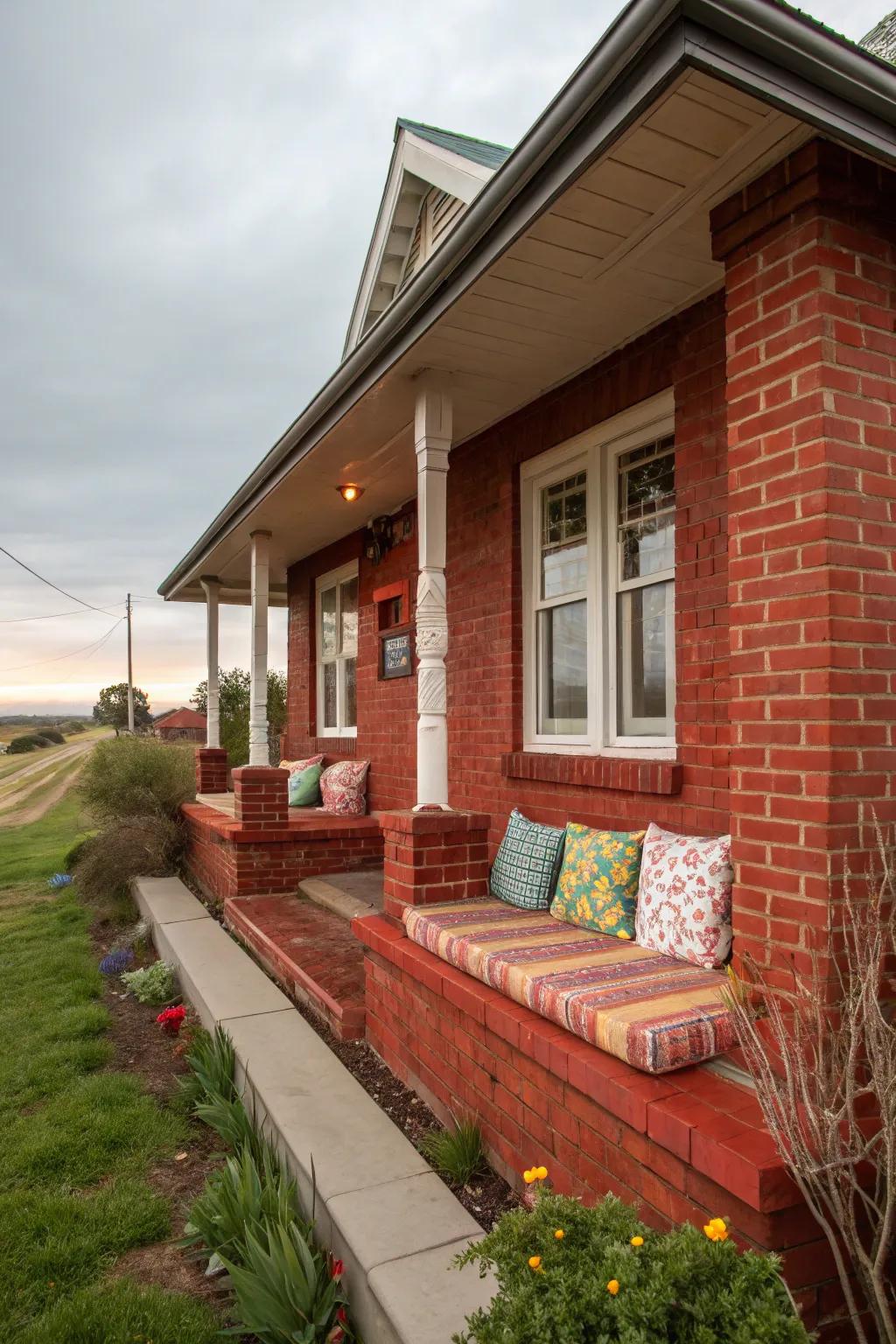 An in-built bench adds functionality and style to this red brick porch.