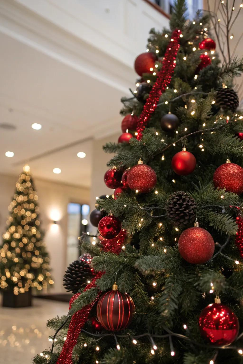 Striking Christmas tree featuring scarlet and onyx accents