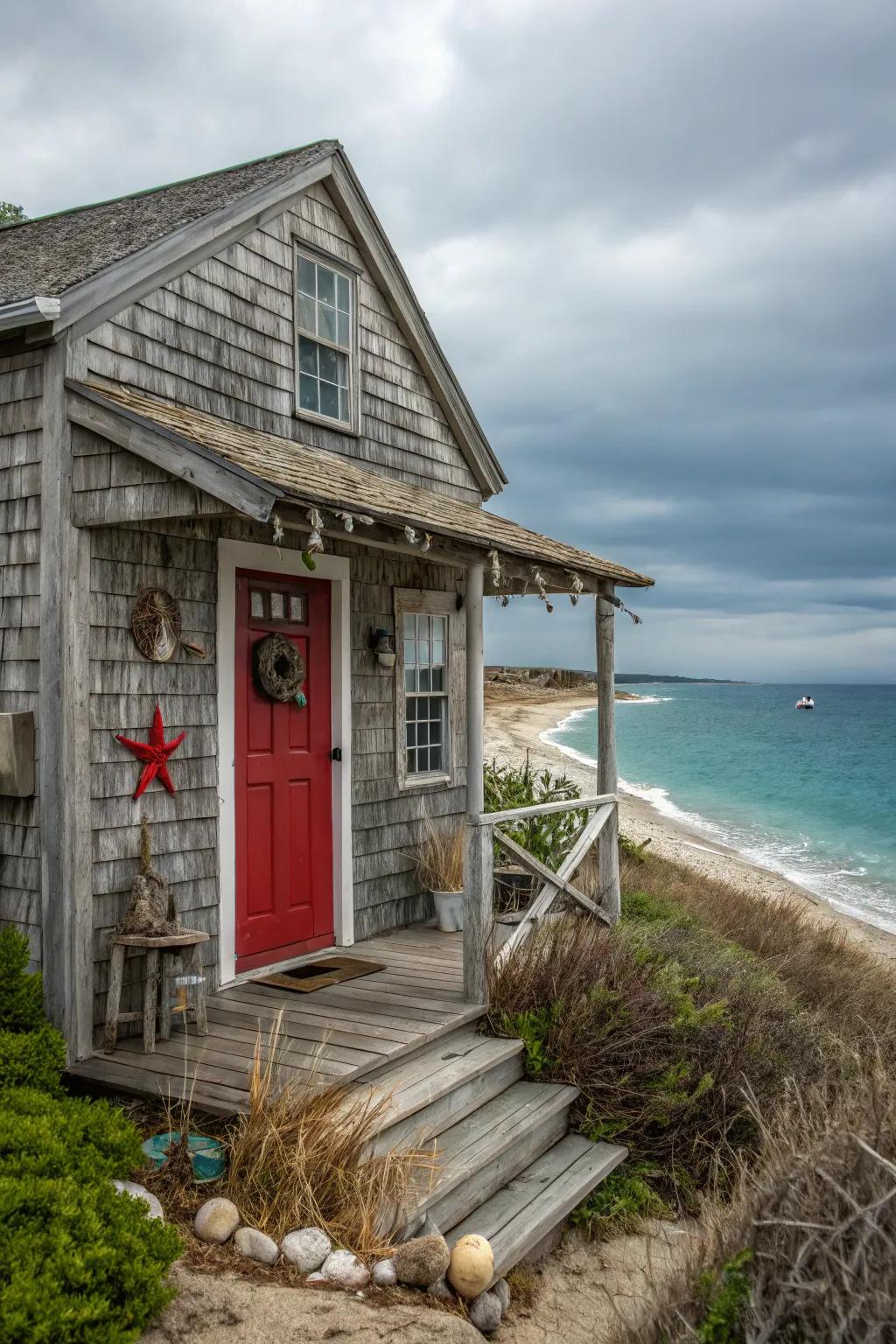 Coastal home with a red door, embodying seaside charm.