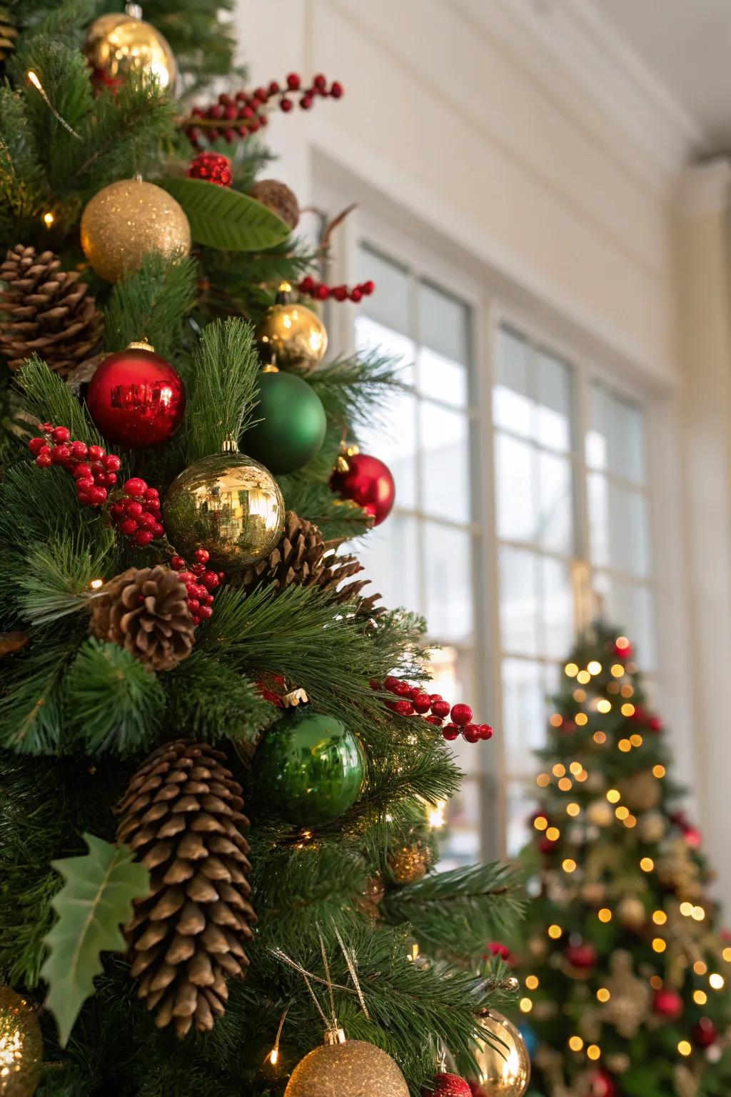 Pine cones and greenery add a rustic charm to this festive tree.