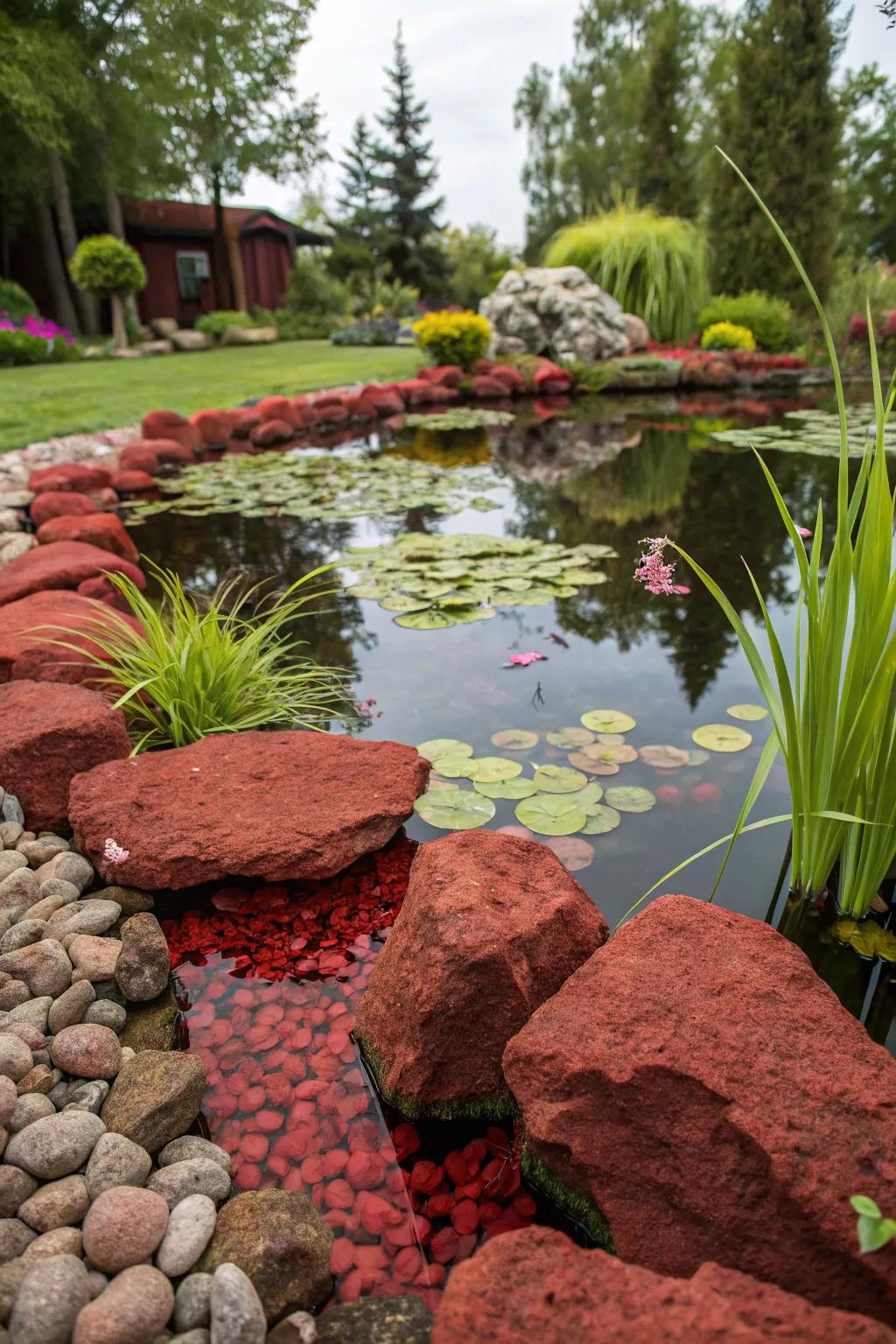 A homemade liquid purifier incorporating scarlet igneous stones maintains a clear and wholesome pond.