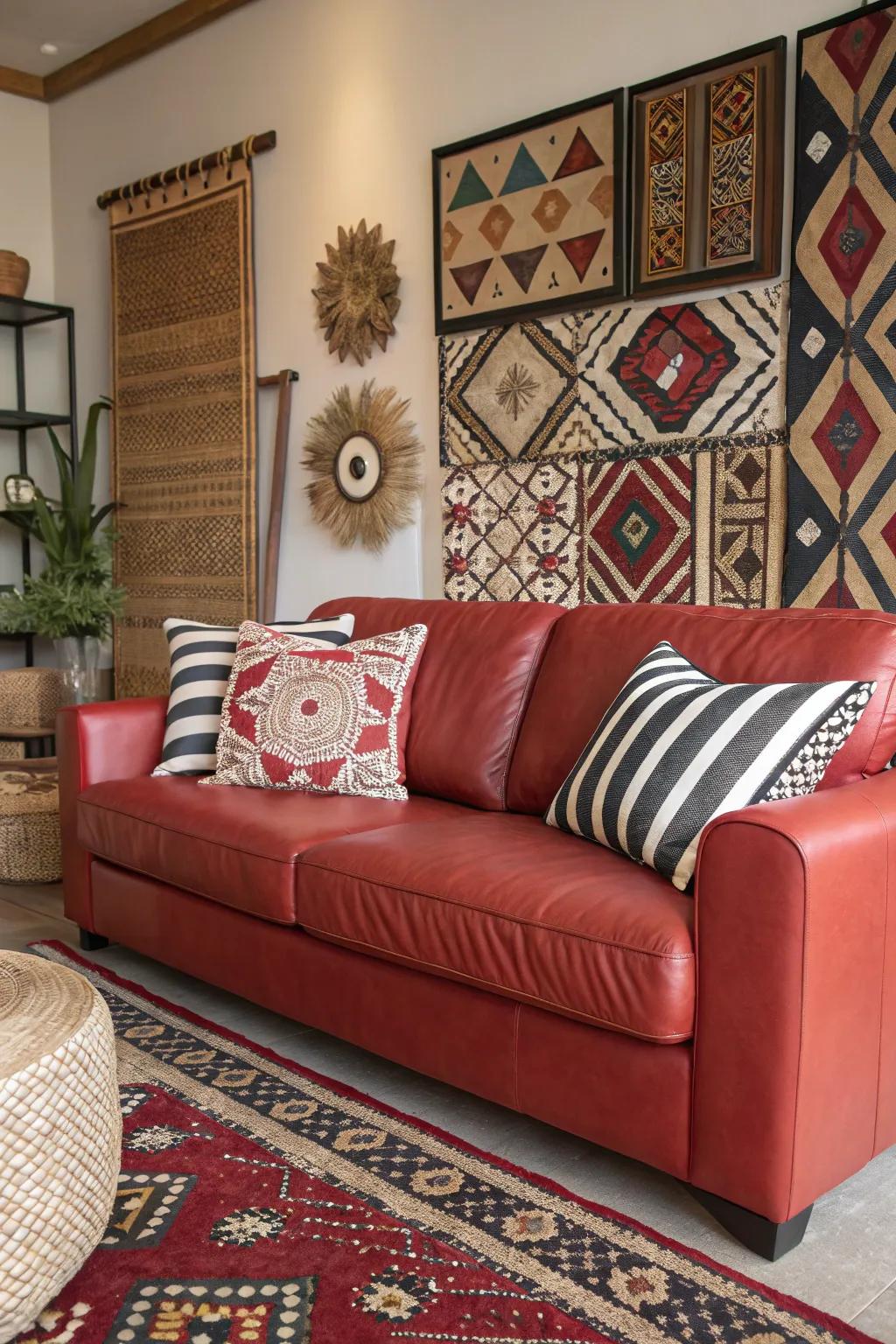 Striking designs add a playful and unexpected twist to a room that includes a crimson hide lounge.