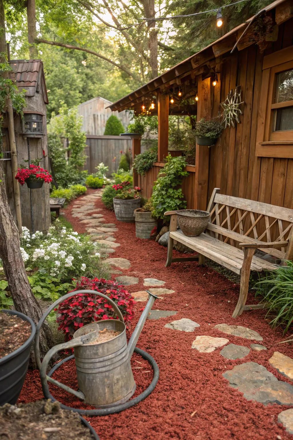 Scarlet ground cover integrates with unrefined decor, contributing a charming countryside ambiance.