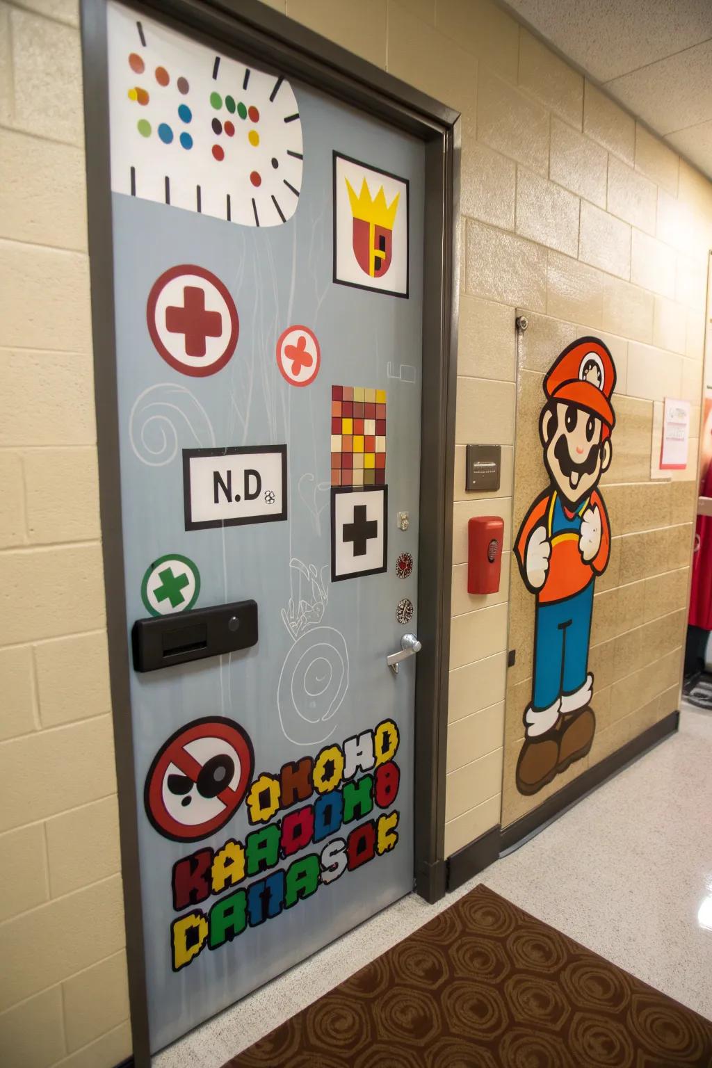 Level up your door decorating game with an interactive video game theme.