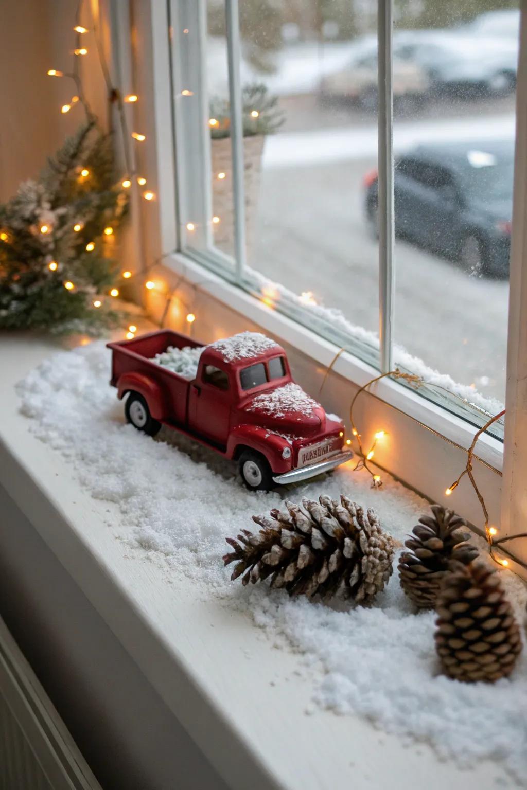 Charming window sill display with a red truck and festive touches.