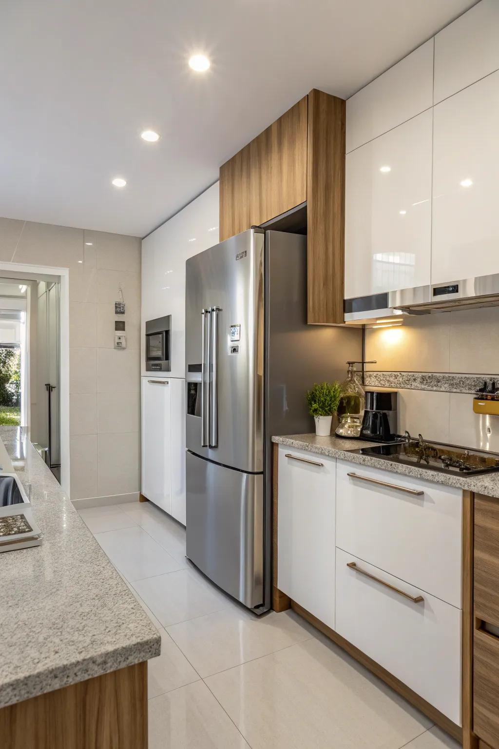 A modern kitchen featuring an energy-efficient refrigerator with eco-conscious features.