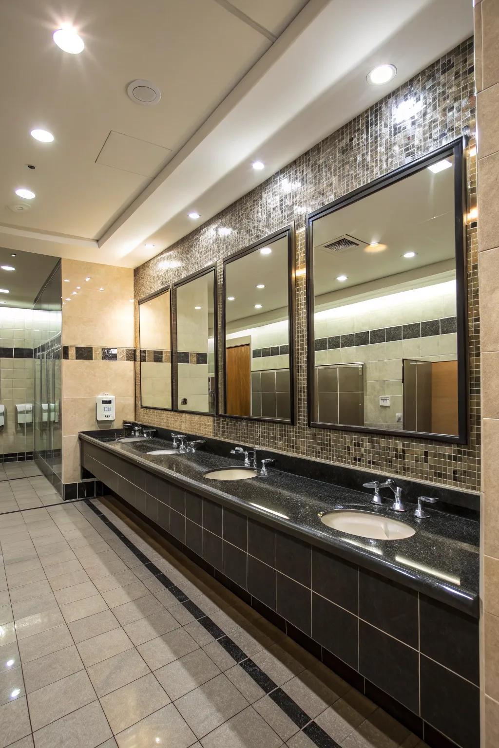 Reflective surfaces add dimension and light to the restroom.