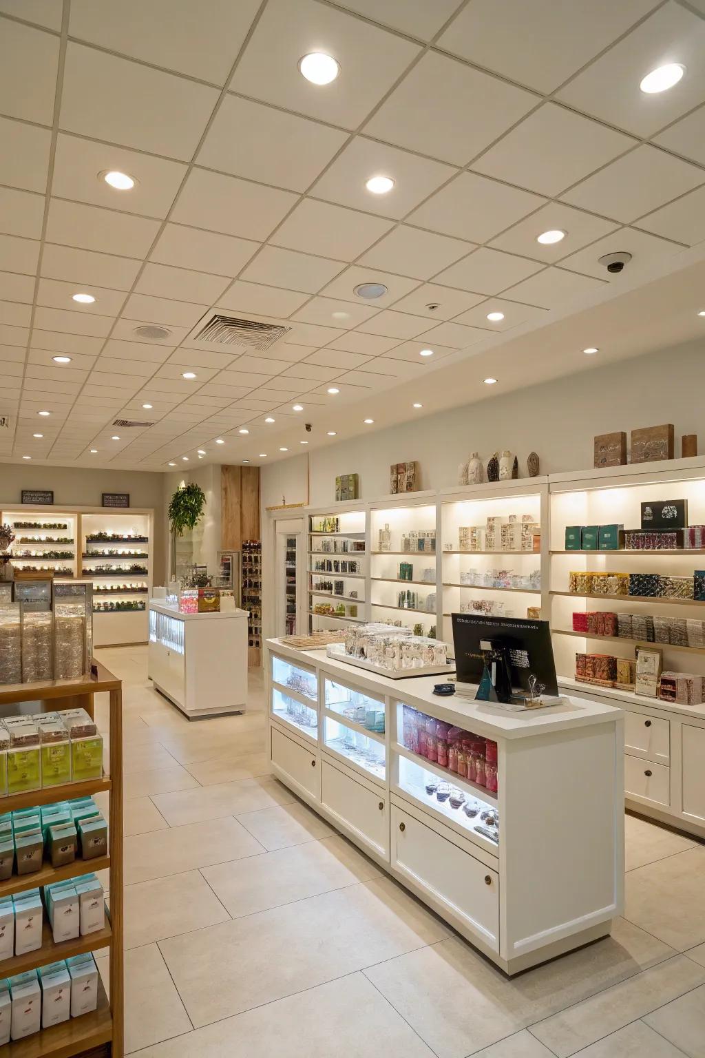 Recessed lights establishing a sleek, modern setting.