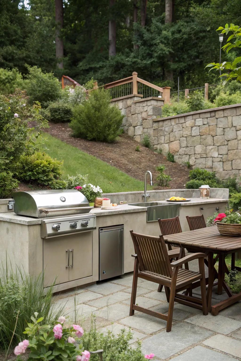 Outdoor kitchen beautifully highlighted by a landscape wall backdrop.
