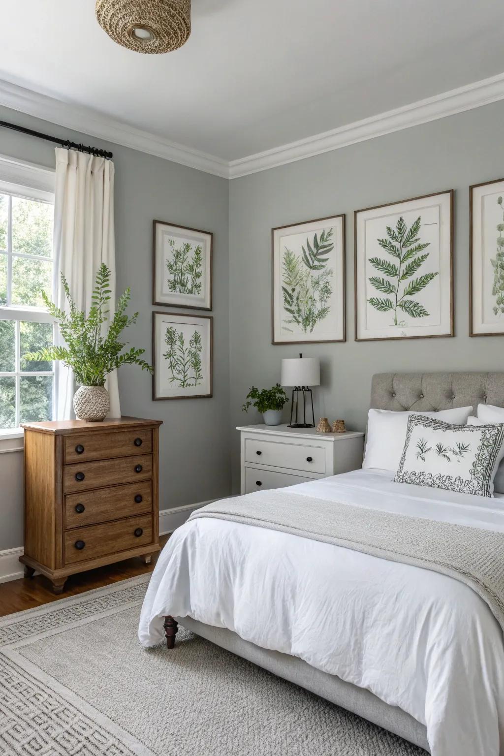 Floral prints add a fresh, natural vibe to a Gentle Gray bedroom.