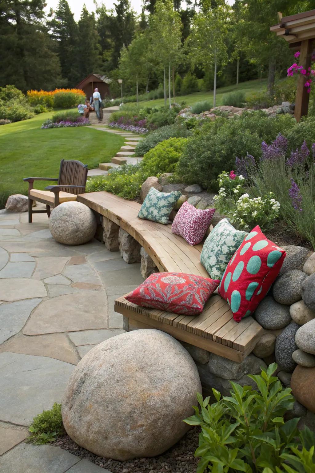 Large river rocks form a cozy and creative seating area in this garden.